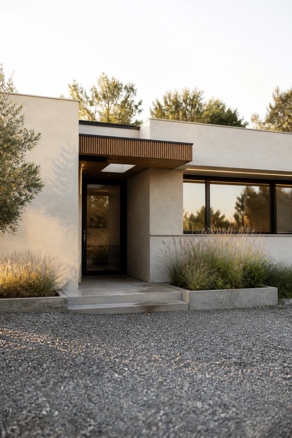 A modern flat-roof house with light concrete walls, a black-framed door, and a wooden slatted overhang above the entry, set on a gravel surface with plants along the base.