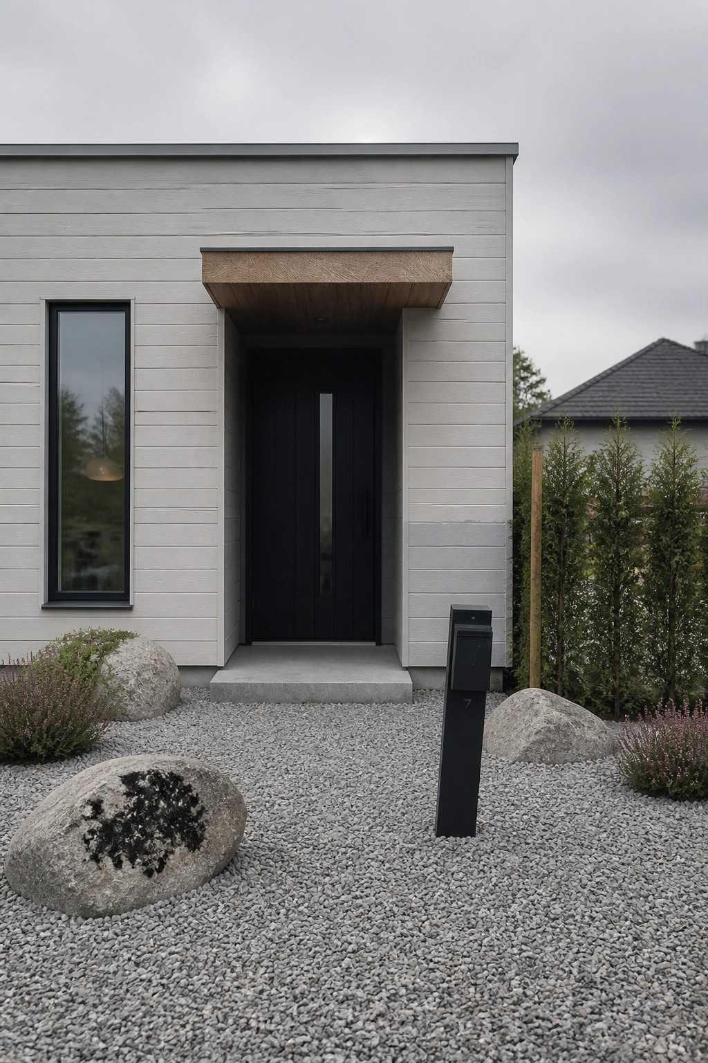 Front view of a modern house with light gray horizontal siding, a recessed black door under a wooden overhang, a tall narrow window to the left, and gravel landscaping with large rocks in the foreground.