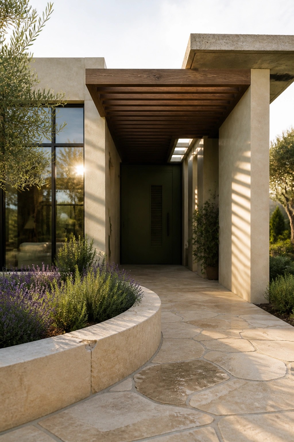 Modern entrance with stone path, green door, wooden beams, and lavender plants