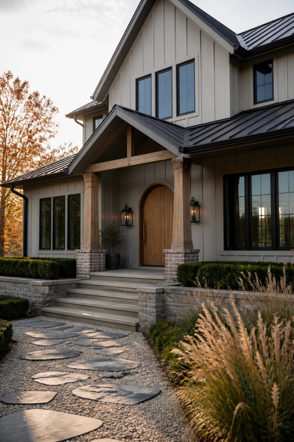 Modern farmhouse entrance with wooden door, columns, stone steps, and gravel path.