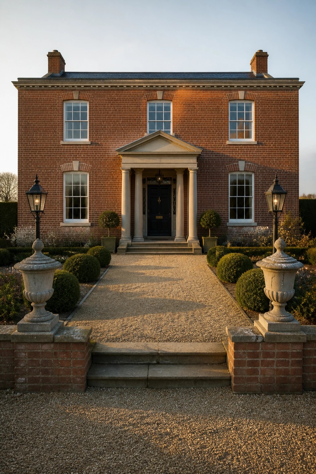 Front view of a two-story red brick house with a central white portico supported by columns, a pediment above the dark door, and lanterns on either side of a gravel path.