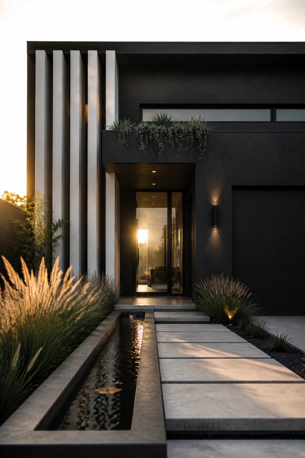 Modern dark house exterior with vertical slats beside the recessed entry, a linear water feature, and a stone path leading to the front door.