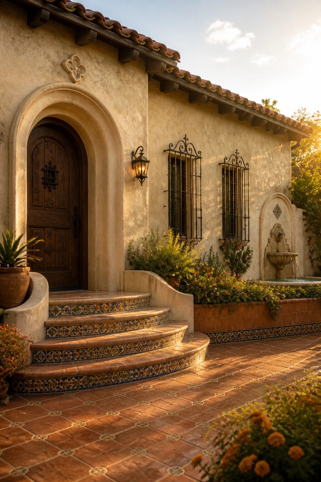 A stucco house exterior with an arched wooden door, tiled steps, a wall fountain, and two barred windows.