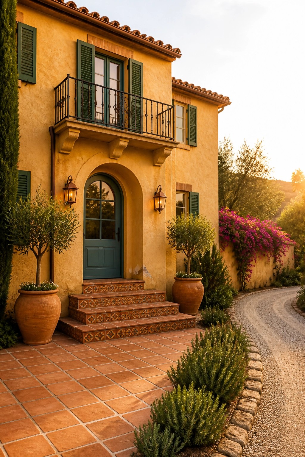 A yellow stucco house exterior featuring a teal arched front door with green shutters, terracotta tiled steps, and potted plants on either side.