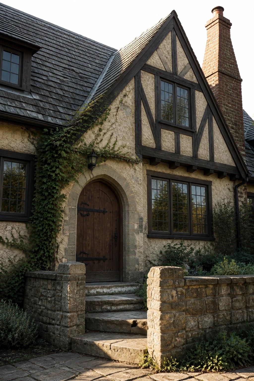 Front view of a house featuring a wooden door set inside a stone archway, with ivy on the walls and a gabled roof with dark timber framing.