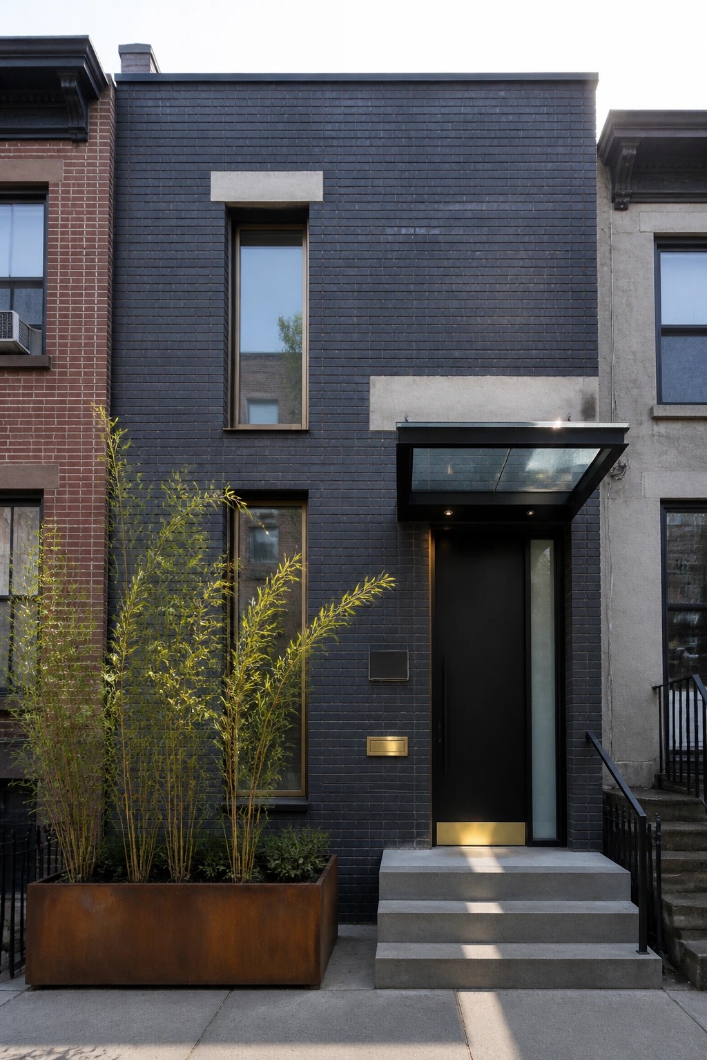 Modern black brick house facade with a black front door, glass canopy, concrete steps, and a large rusted metal planter filled with tall green plants.