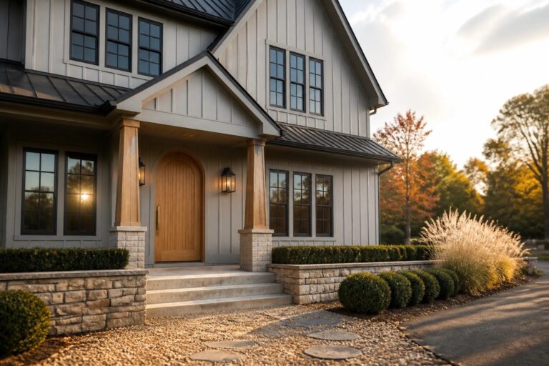 Modern farmhouse entrance with wooden door, columns, stone steps, and gravel path.