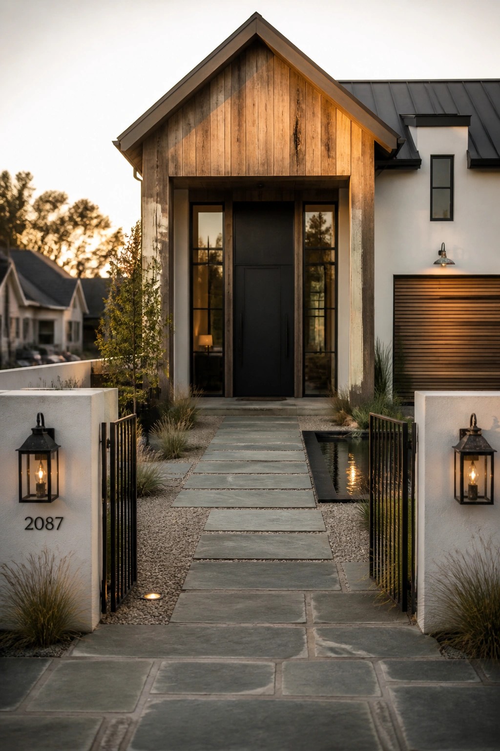 A front view of a modern house with a wood-clad gable, black entry door flanked by glass panels, a stone pathway, and black metal gates with lanterns.