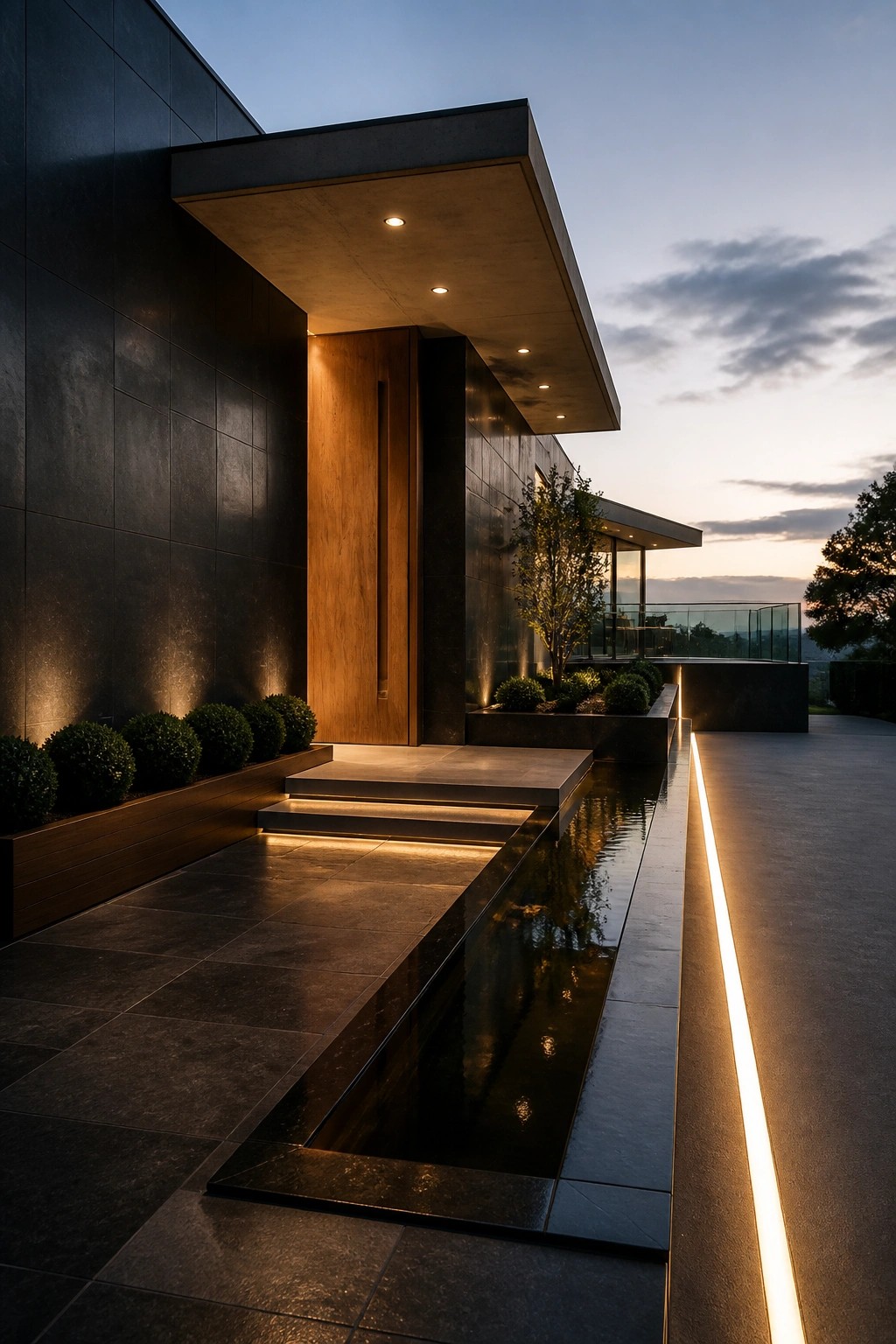 Modern house exterior at dusk showing dark stone walls, a wooden entry door, and a long narrow water channel beside the paved walkway with integrated lighting.