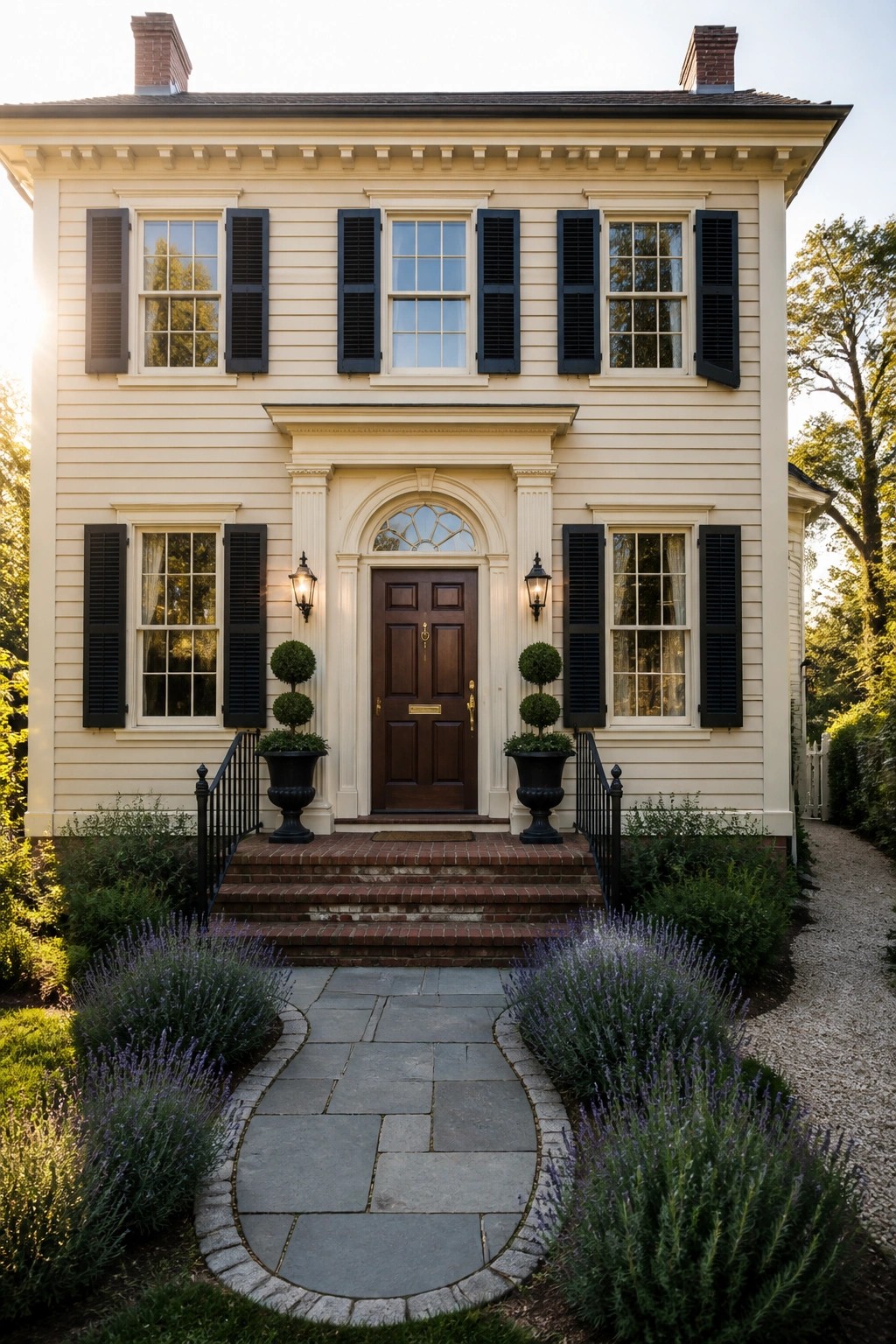A two-story pale yellow house with dark shutters on every window, a central brown door under an arched transom, brick steps, and a stone walkway lined with lavender.