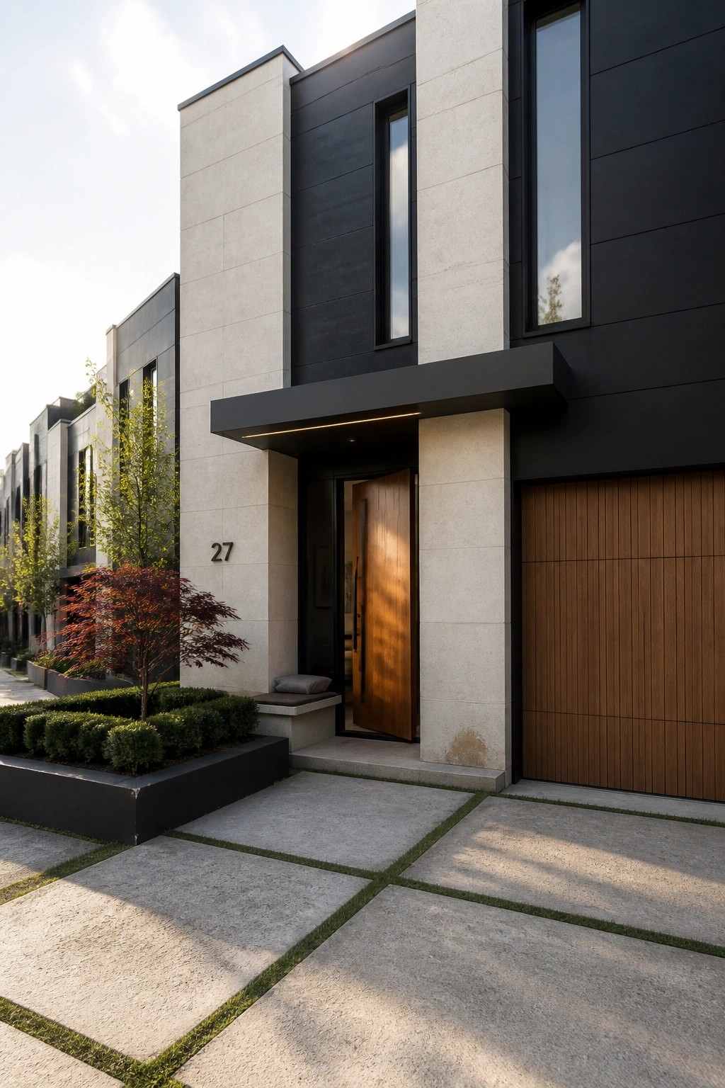 Modern two-story house exterior showing light stone walls, black panels, a wooden front door under a small overhang, and a wooden garage door, with a paved walkway and small garden bed in front.