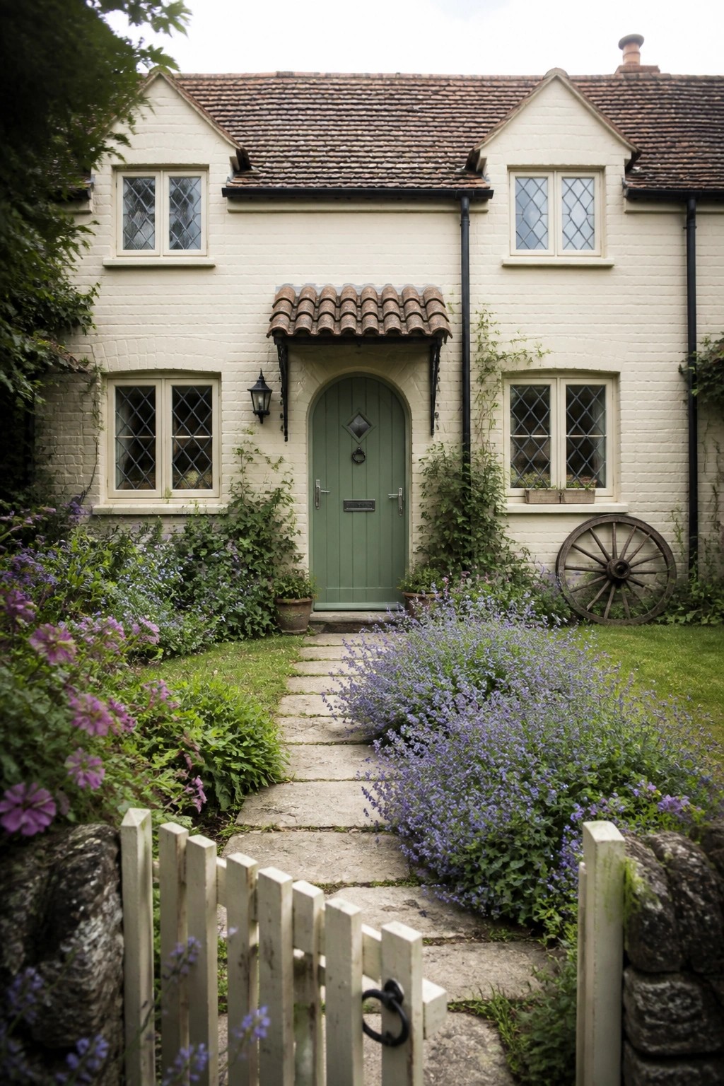 A white brick house with a green arched front door under a tiled canopy, a stone path through flower gardens, and a white gate in the foreground.