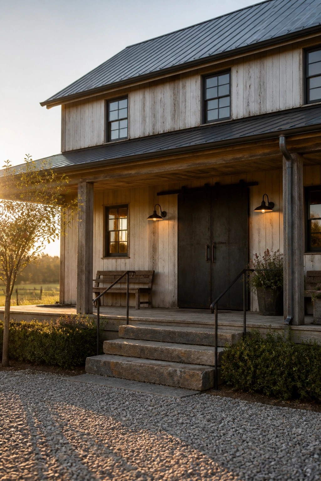 A two-story house with white wood siding, a dark metal roof, and a front porch with large sliding barn doors, stone steps, and wooden support posts.