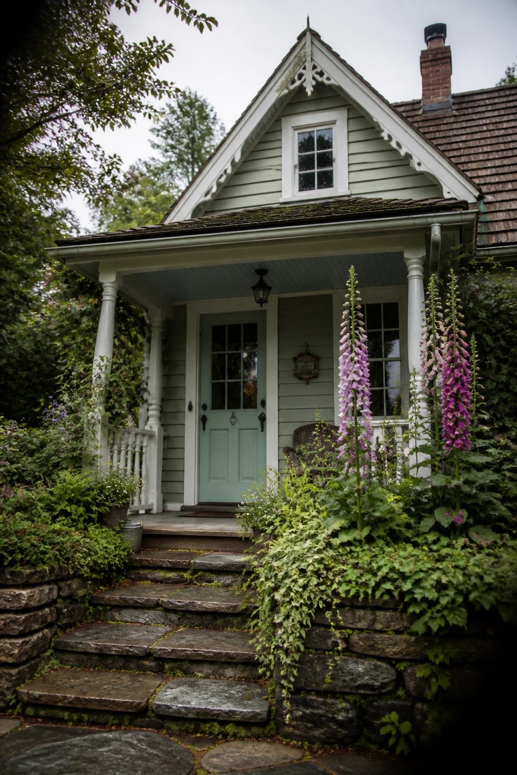 A light green house with white trim has a turquoise front door under a gabled roof, a small porch with white columns, stone steps, and tall purple flowers growing beside the entrance.