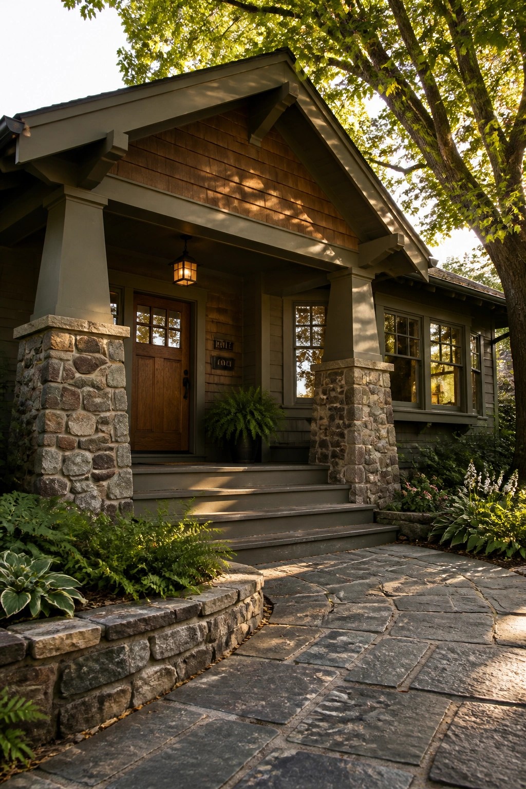 A craftsman style house front with a gabled porch supported by stone columns, a wooden door, and a stone walkway.