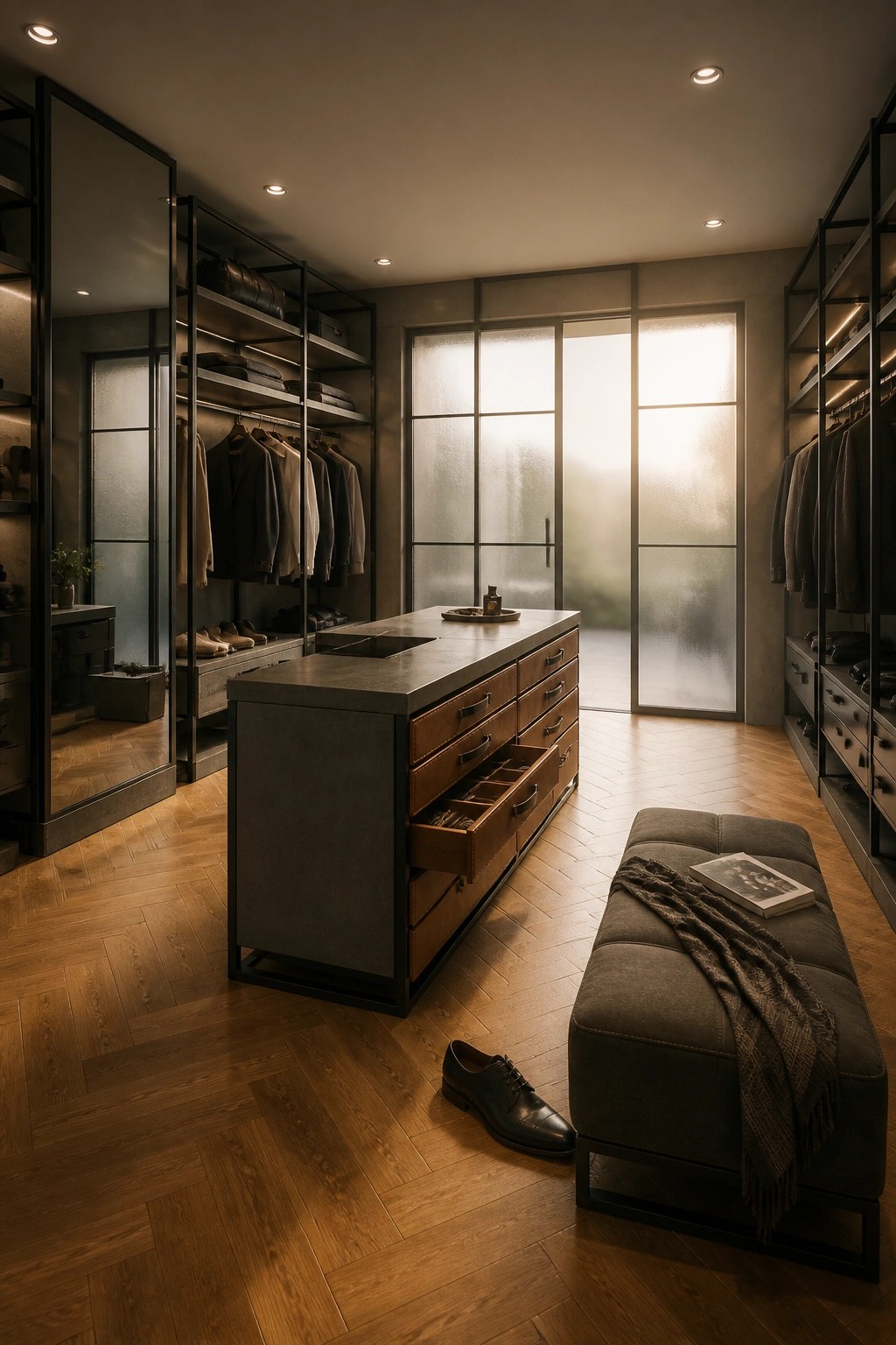 A modern walk-in closet with a central concrete island featuring leather drawers, open steel shelving, wood flooring, and a gray upholstered bench near frosted glass doors.