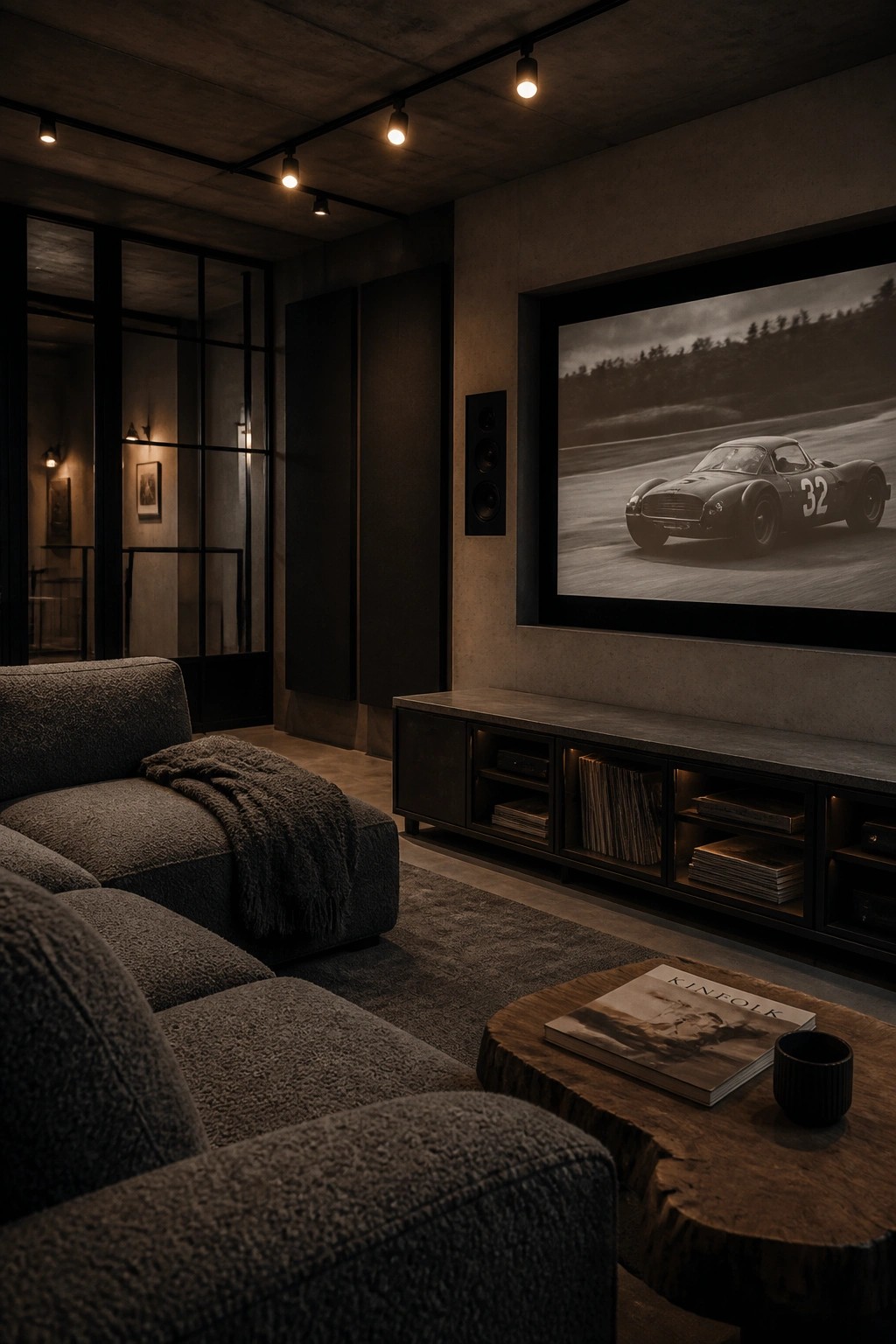 A dimly lit modern media room featuring exposed concrete walls and ceiling, a large wall-mounted television, a dark gray sectional sofa, and a wooden coffee table.