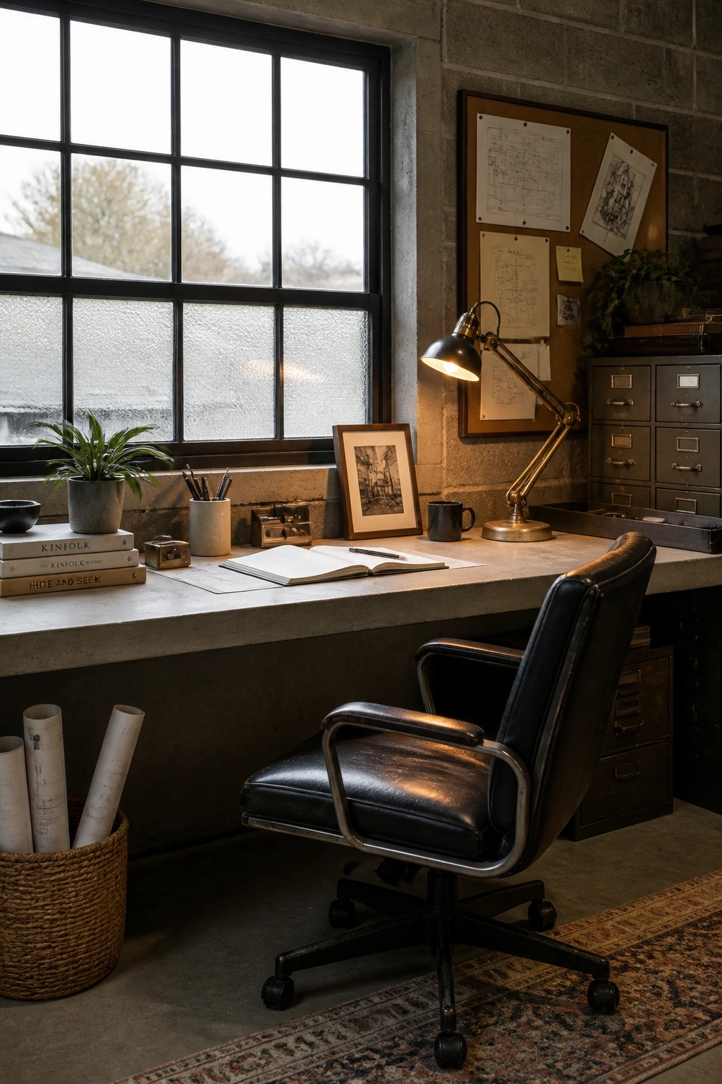 A home office interior with a concrete desk, black leather swivel chair, large black steel-framed window, and concrete block walls.