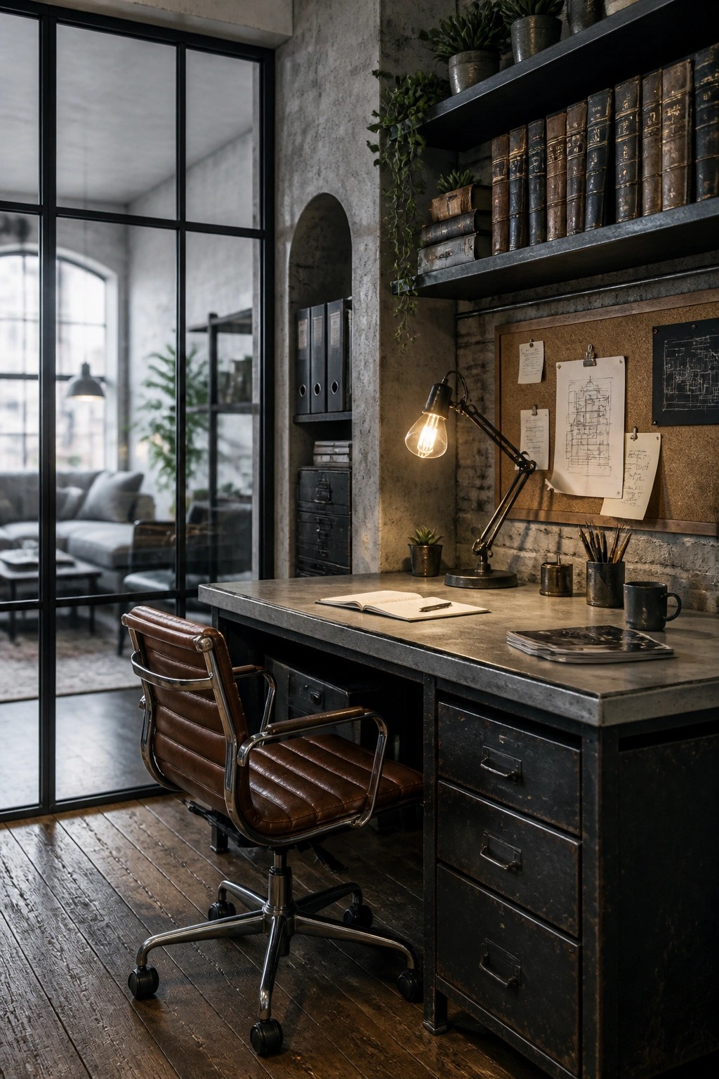 An industrial-style home office with a large concrete desk, brown leather office chair, black metal desk lamp, and open bookshelves against a brick wall.