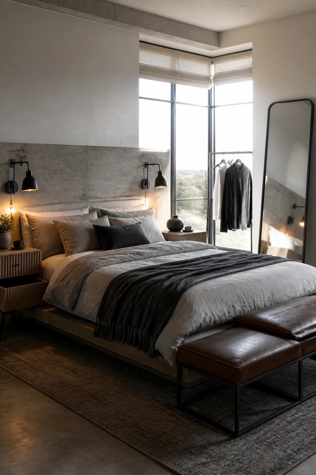 A bedroom with a concrete accent wall behind the bed, black wall sconces, layered neutral bedding, and large glass windows.