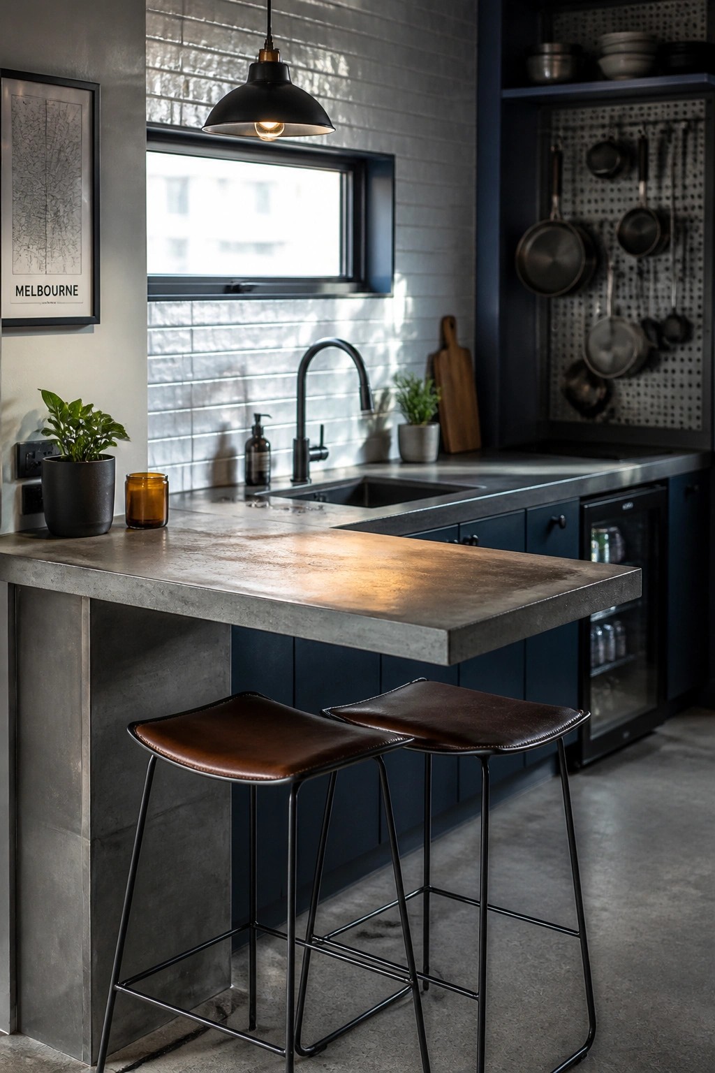 A modern kitchen with a large concrete island countertop, two brown leather bar stools, dark blue cabinets, a black gooseneck faucet, and a black pendant light overhead.