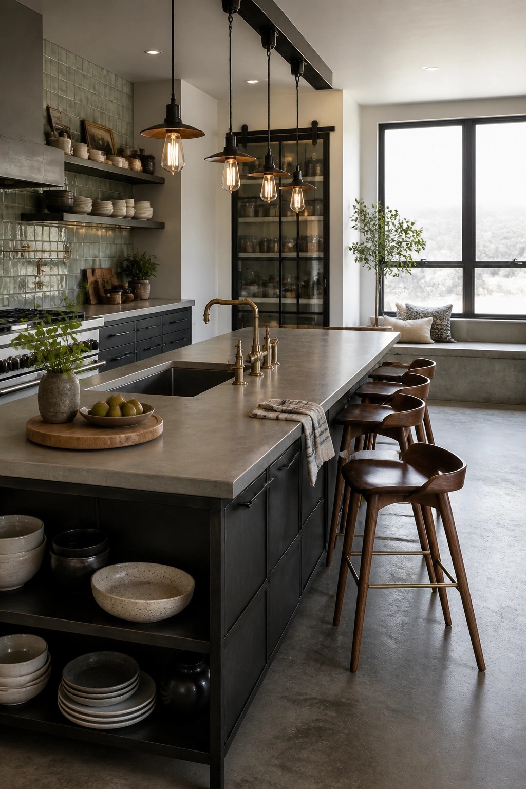A spacious kitchen featuring a long gray concrete island with dark cabinets below, wooden bar stools lined along one side, and industrial pendant lights hanging above.