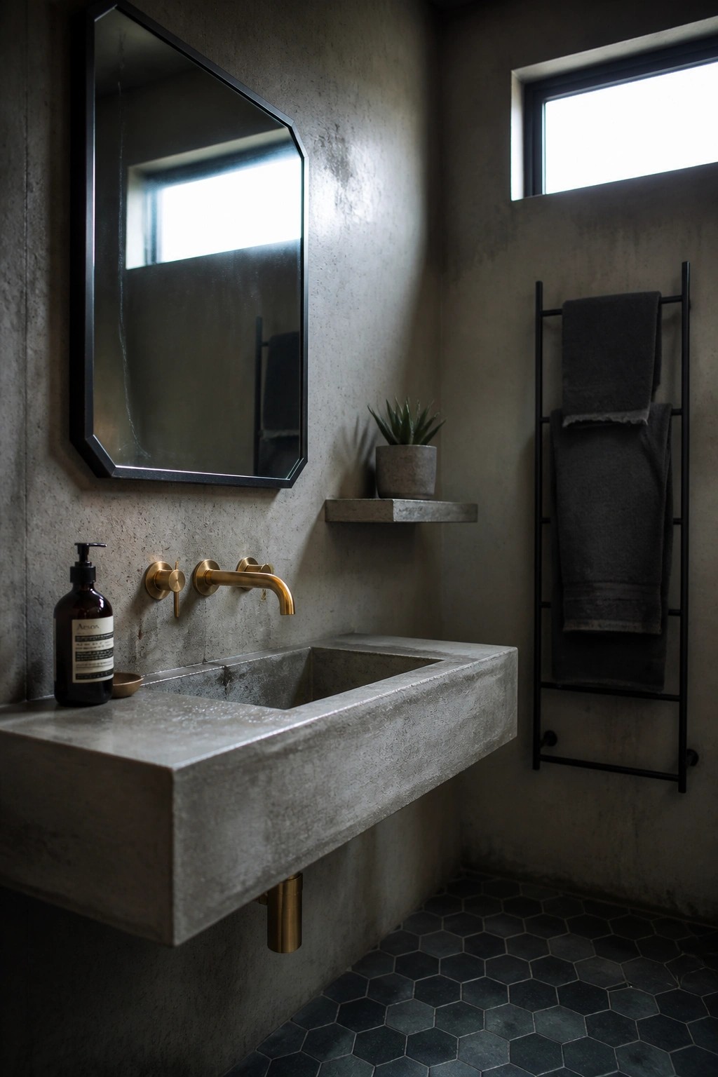 A floating concrete bathroom sink with brass faucet and handles mounted on a textured concrete wall beneath an angled mirror.