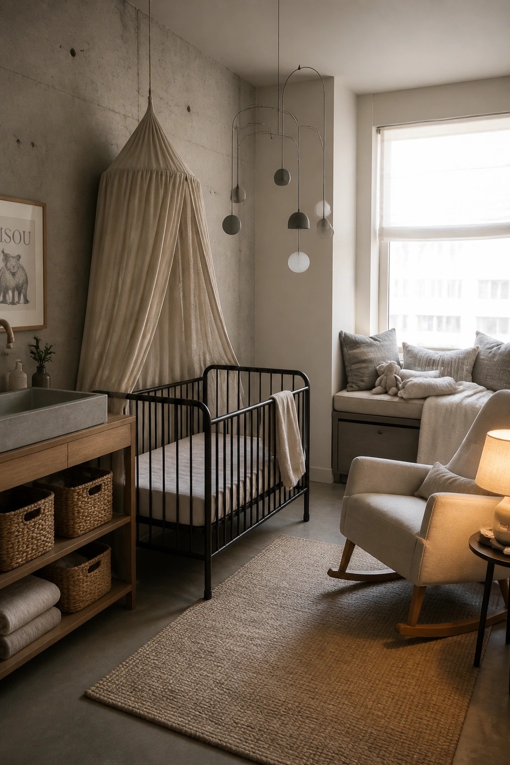 A modern nursery with exposed concrete walls, a black metal crib under a fabric canopy, a wooden console with a stone sink, woven baskets, a rocking chair, and a window seat with cushions.