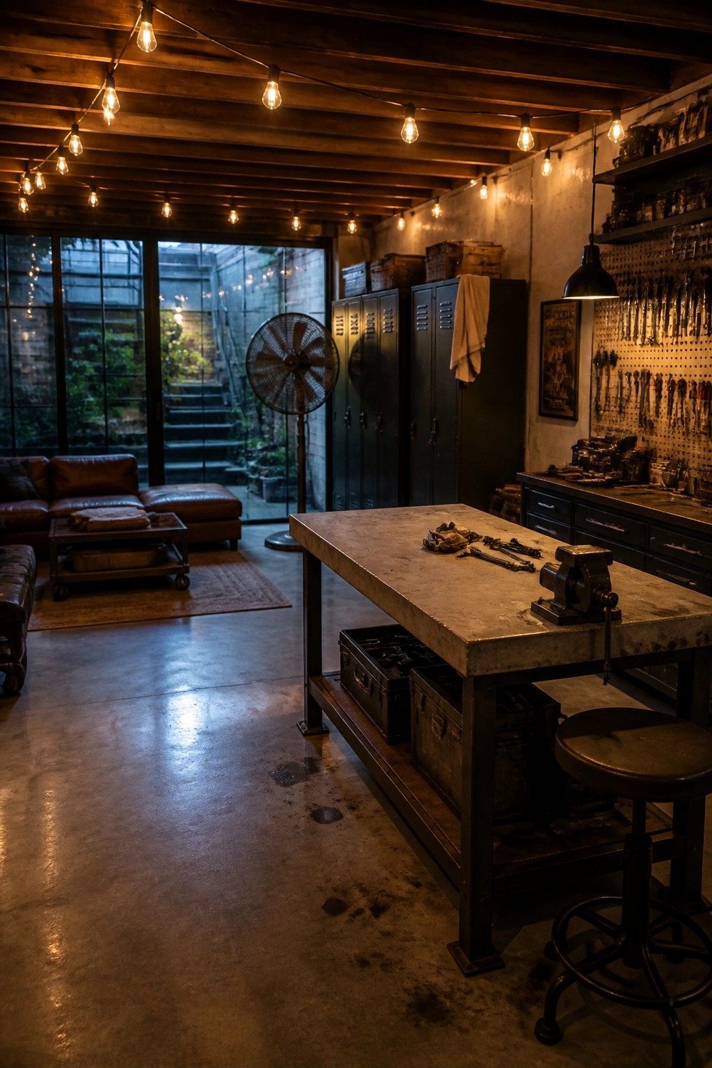 An interior view of a concrete workbench with a vise, metal tool lockers, a leather sofa, and string lights in an industrial-style room.