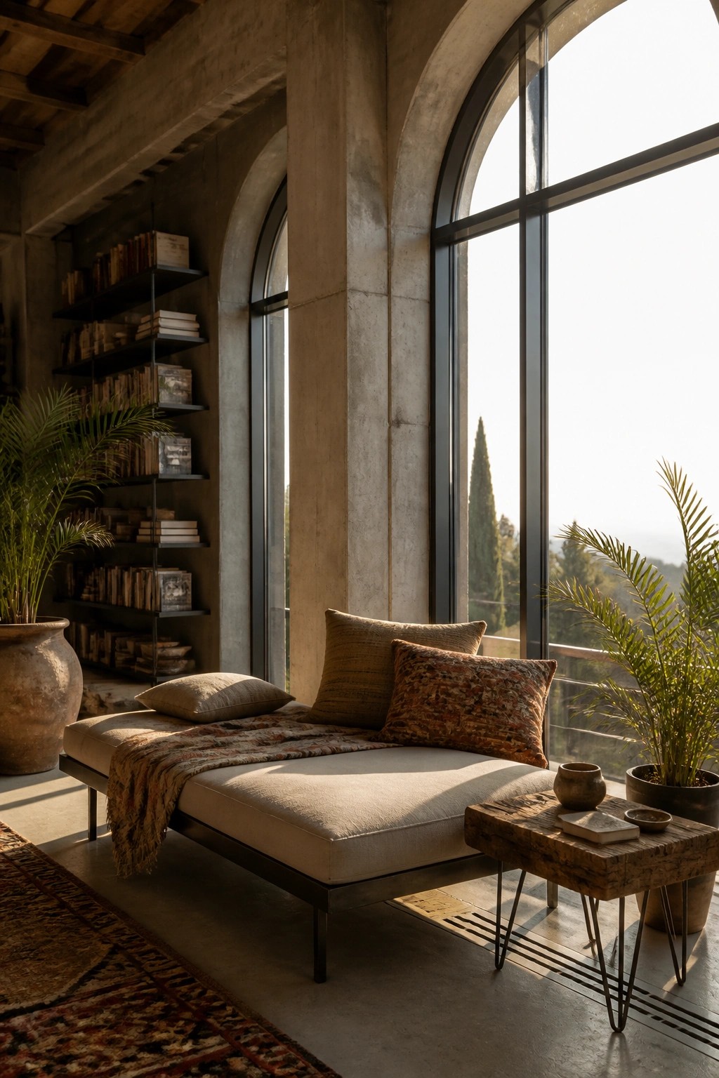 A low beige daybed with pillows and a throw sits in front of large arched steel-framed windows inside a concrete room with open bookshelves.