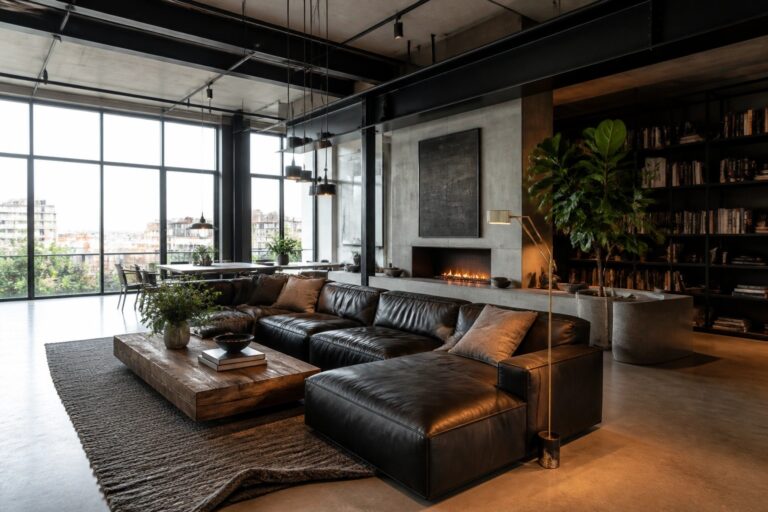 A spacious industrial living room featuring a black leather sectional sofa on a large gray textured area rug, with a rustic wooden coffee table and large windows.