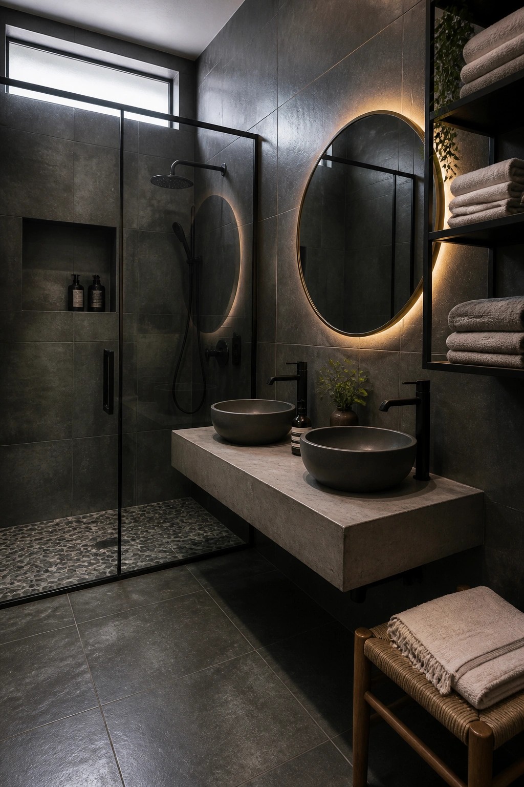 A modern bathroom with a floating concrete vanity holding two dark vessel sinks, black faucets, and a glass shower with dark wall tiles.