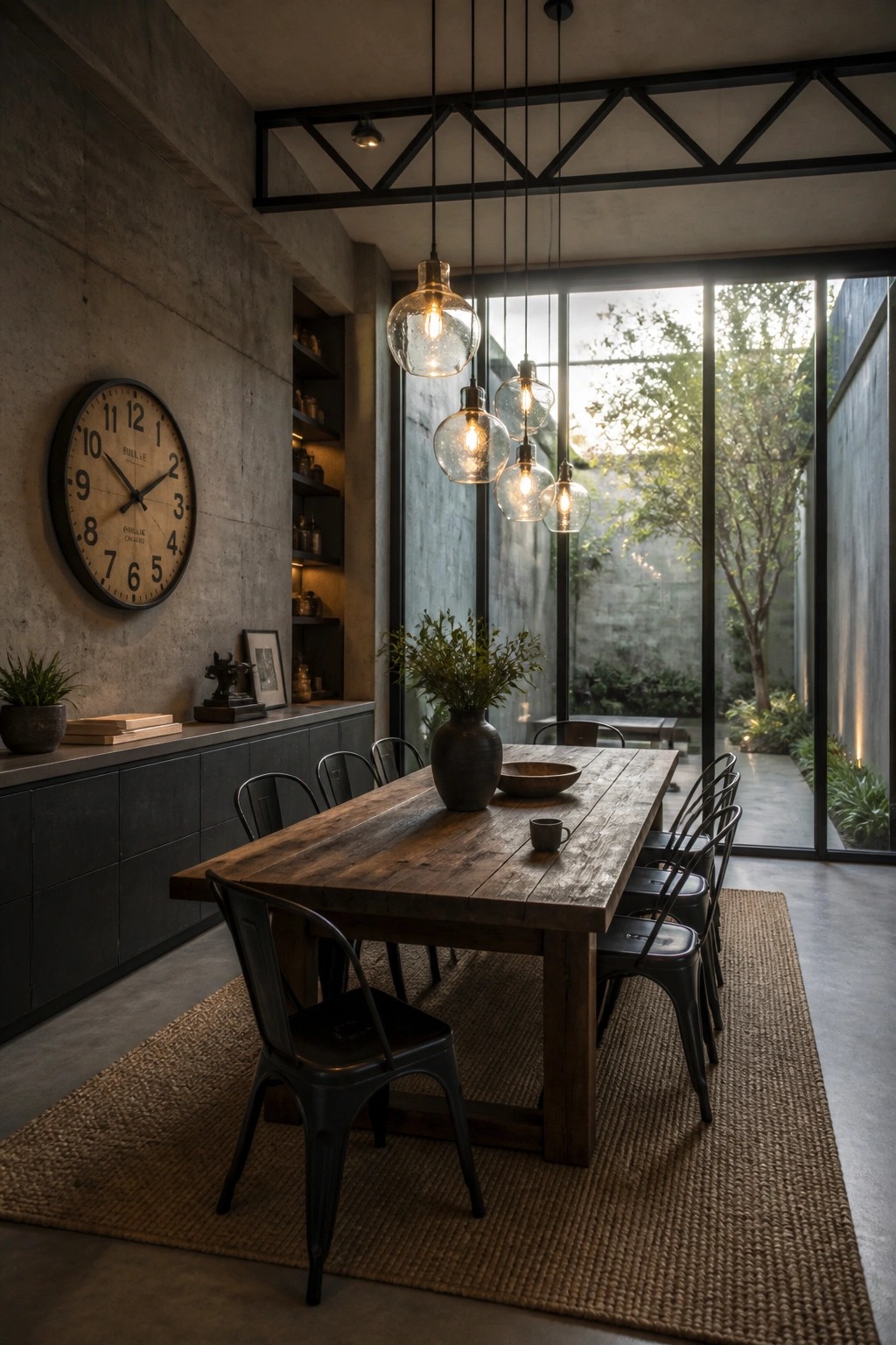 A dining room featuring a long wooden table, black metal chairs, exposed concrete walls, and multiple glass pendant lights above the table.