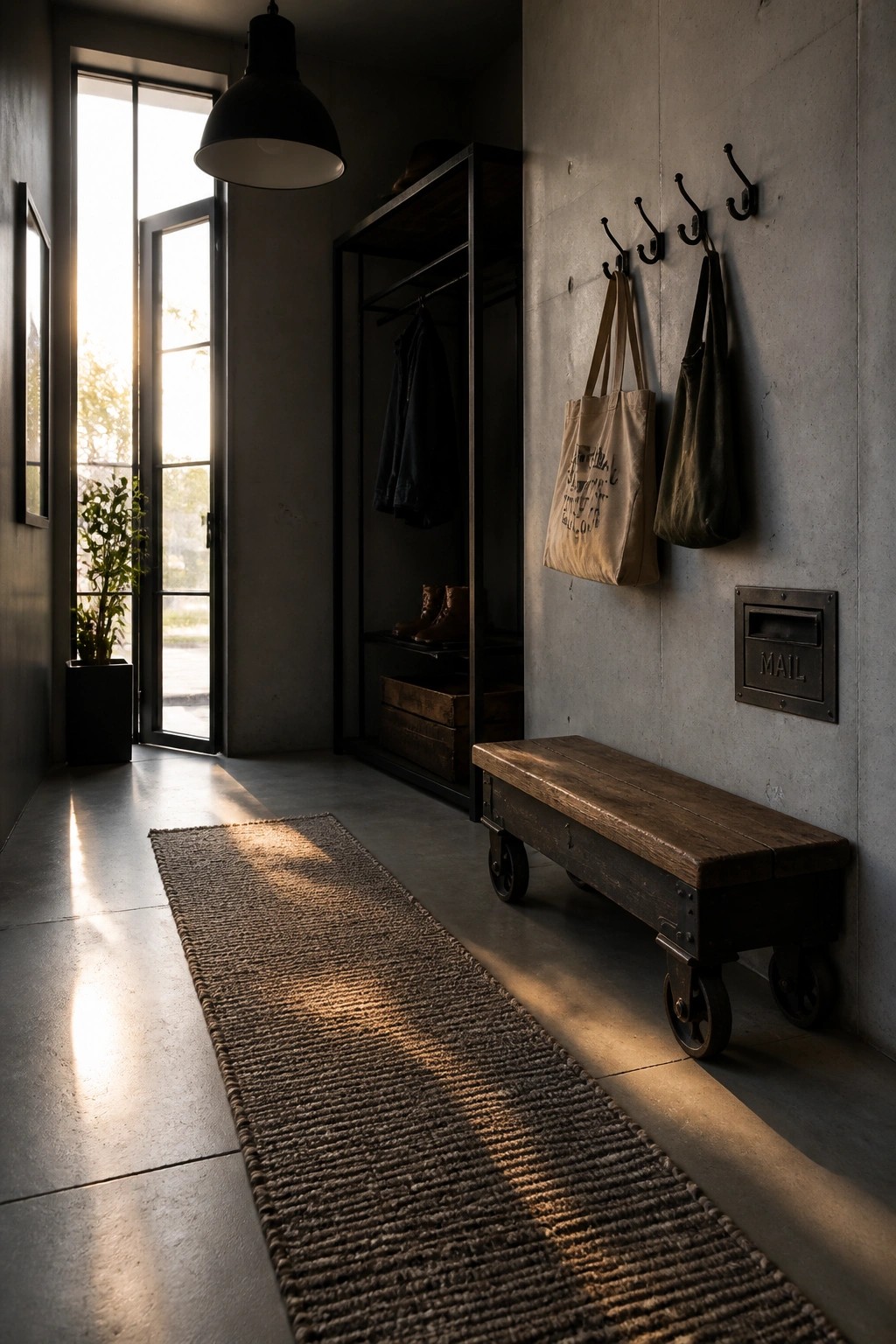 An industrial-style entryway featuring a wooden bench on wheels positioned along a concrete wall with metal coat hooks and an open metal shelving unit.