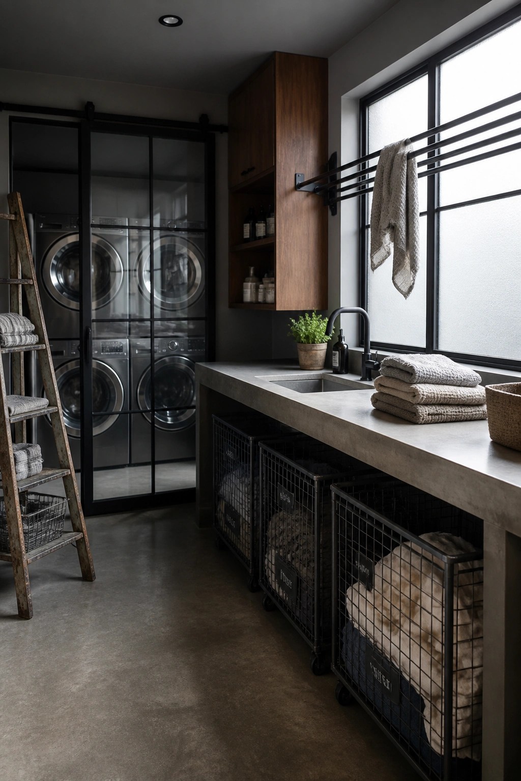 A laundry room with concrete countertops, rolling black wire mesh storage bins labeled for different items, steel-framed glass doors to the washers, and a large window with a drying rack.