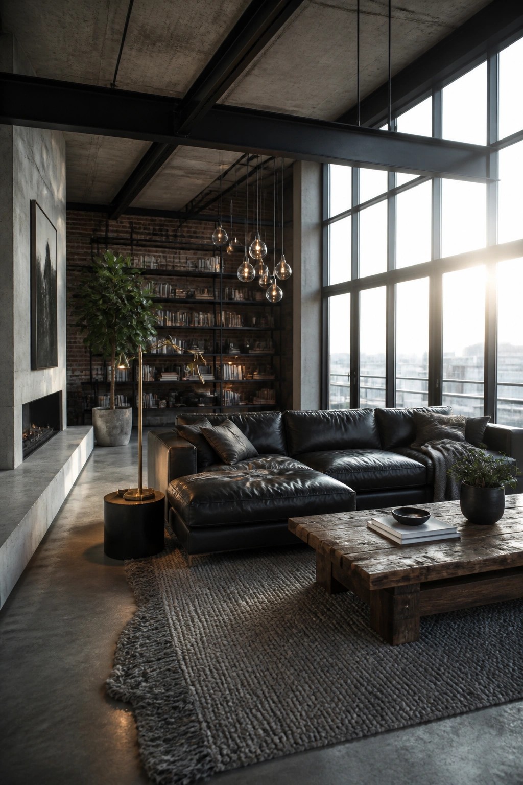 A spacious industrial living room featuring a black leather sectional sofa on a large gray textured area rug, with a rustic wooden coffee table and large windows.