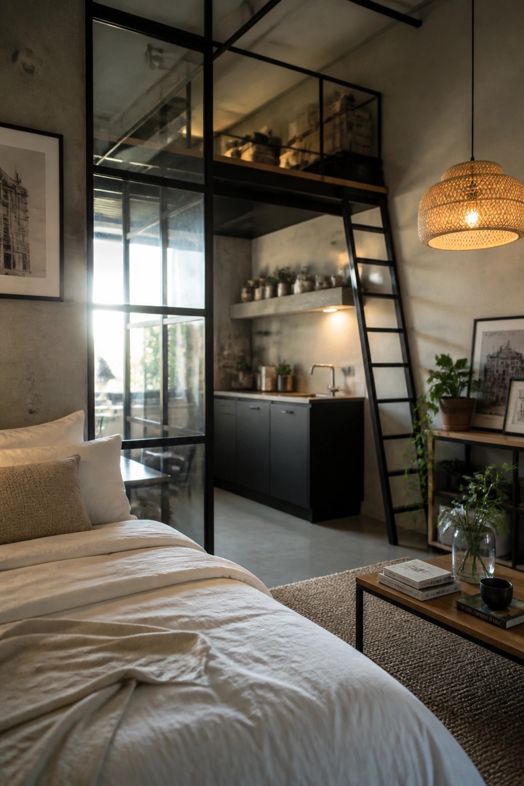 A bedroom with rumpled white bedding sits beside a large black steel and glass partition that opens to a kitchen and loft area with a ladder.