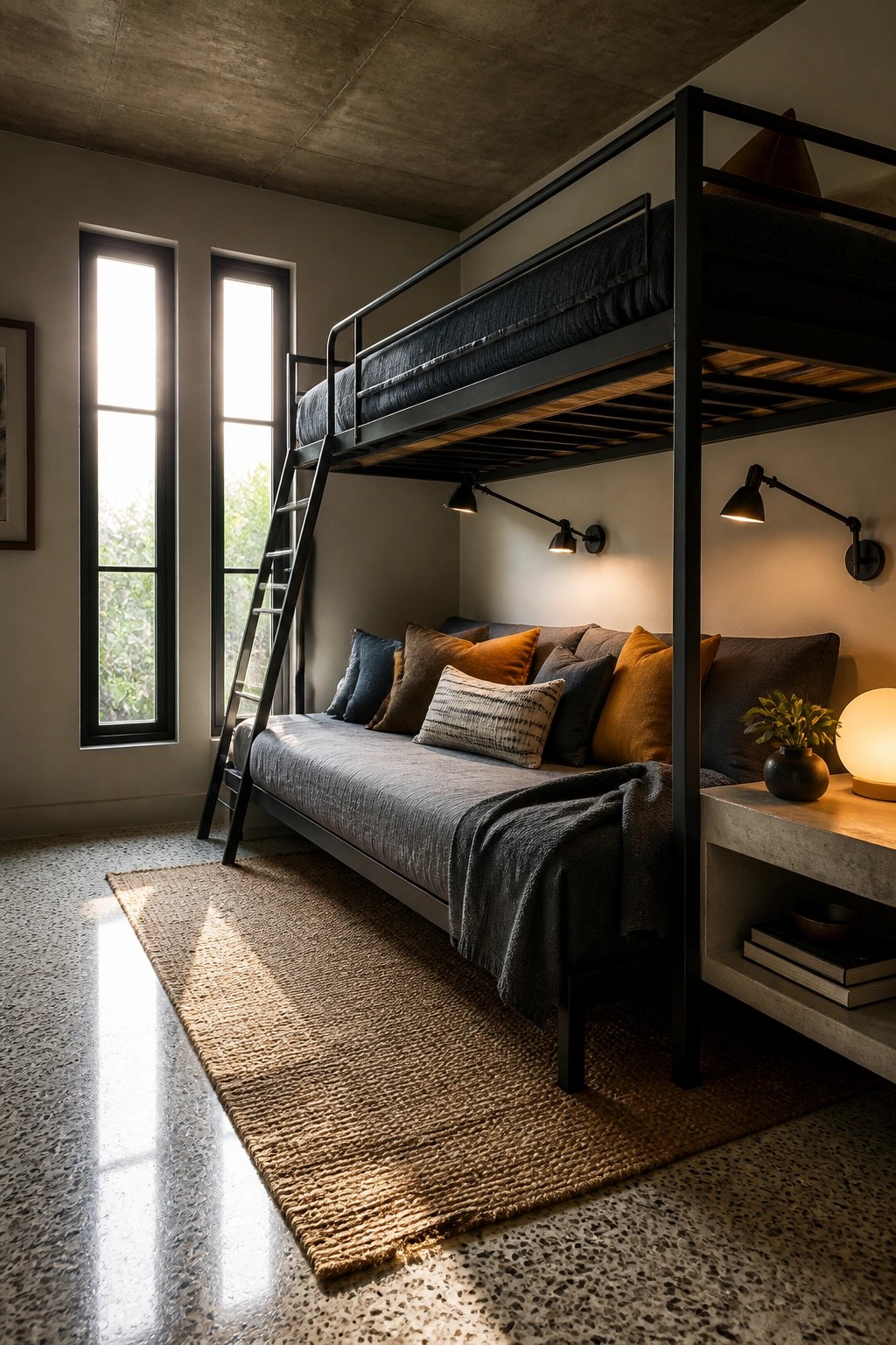 A modern bedroom with a black steel bunk bed above a gray daybed, concrete ceiling, terrazzo floor, and tall windows.