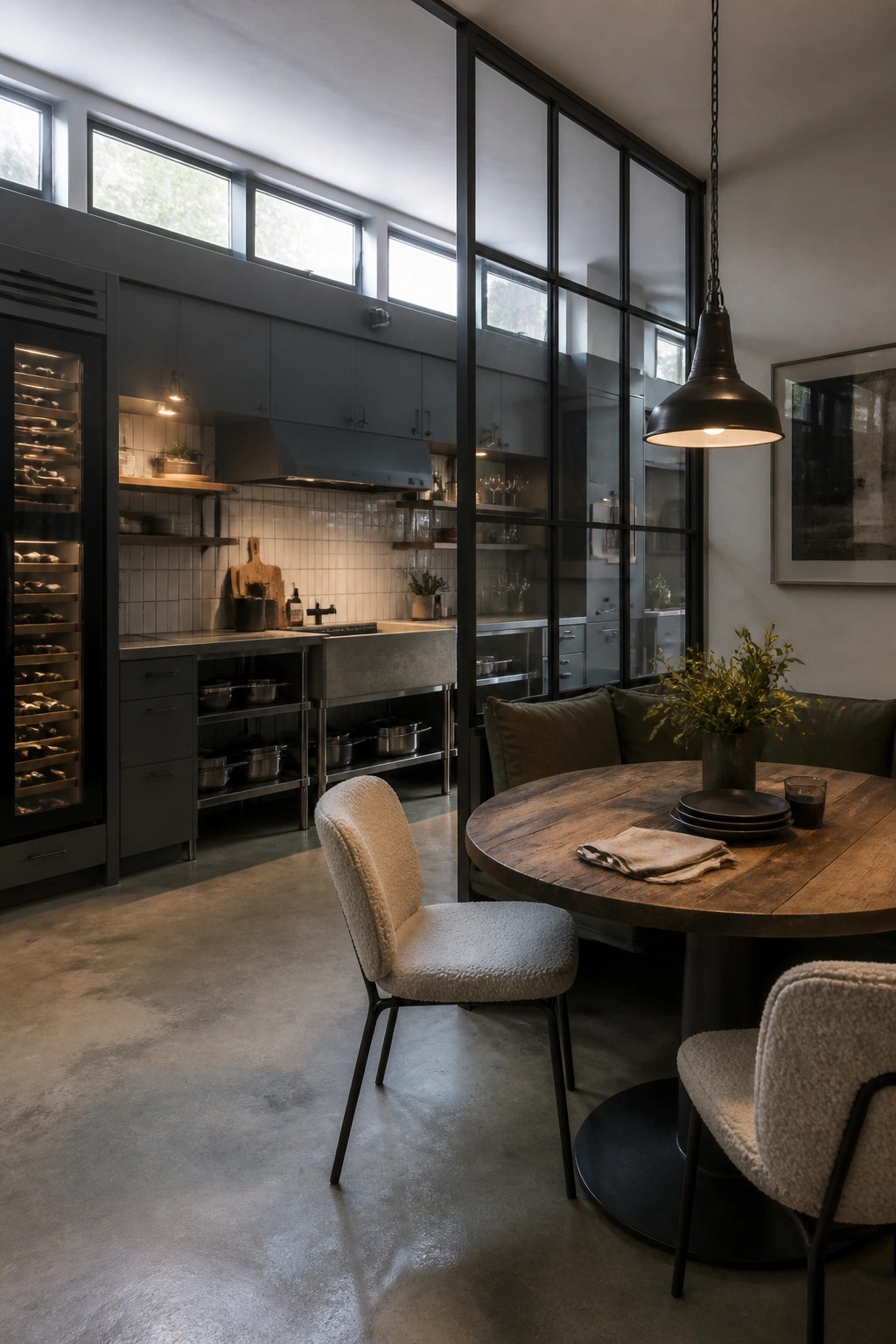 Interior view of a kitchen with gray cabinets and a black steel and glass partition wall next to a round wooden dining table and upholstered chairs on a concrete floor.