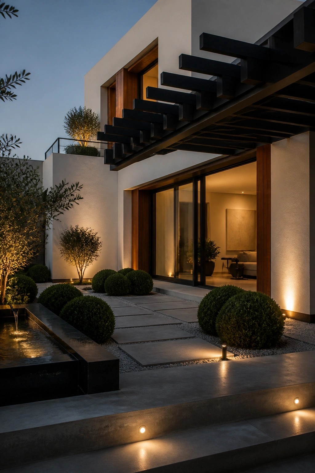 Modern house exterior at dusk with white walls, black cantilevered overhang, wood trim, large glass doors, stone path, and landscaped garden with shrubs and water feature.