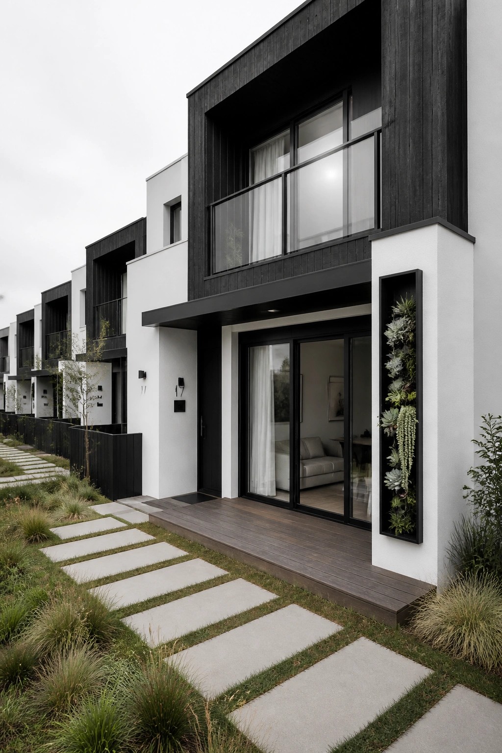 Modern row houses with black and white exteriors, large glass windows, a dark wood deck at the entrance, and a concrete paver path through grass.