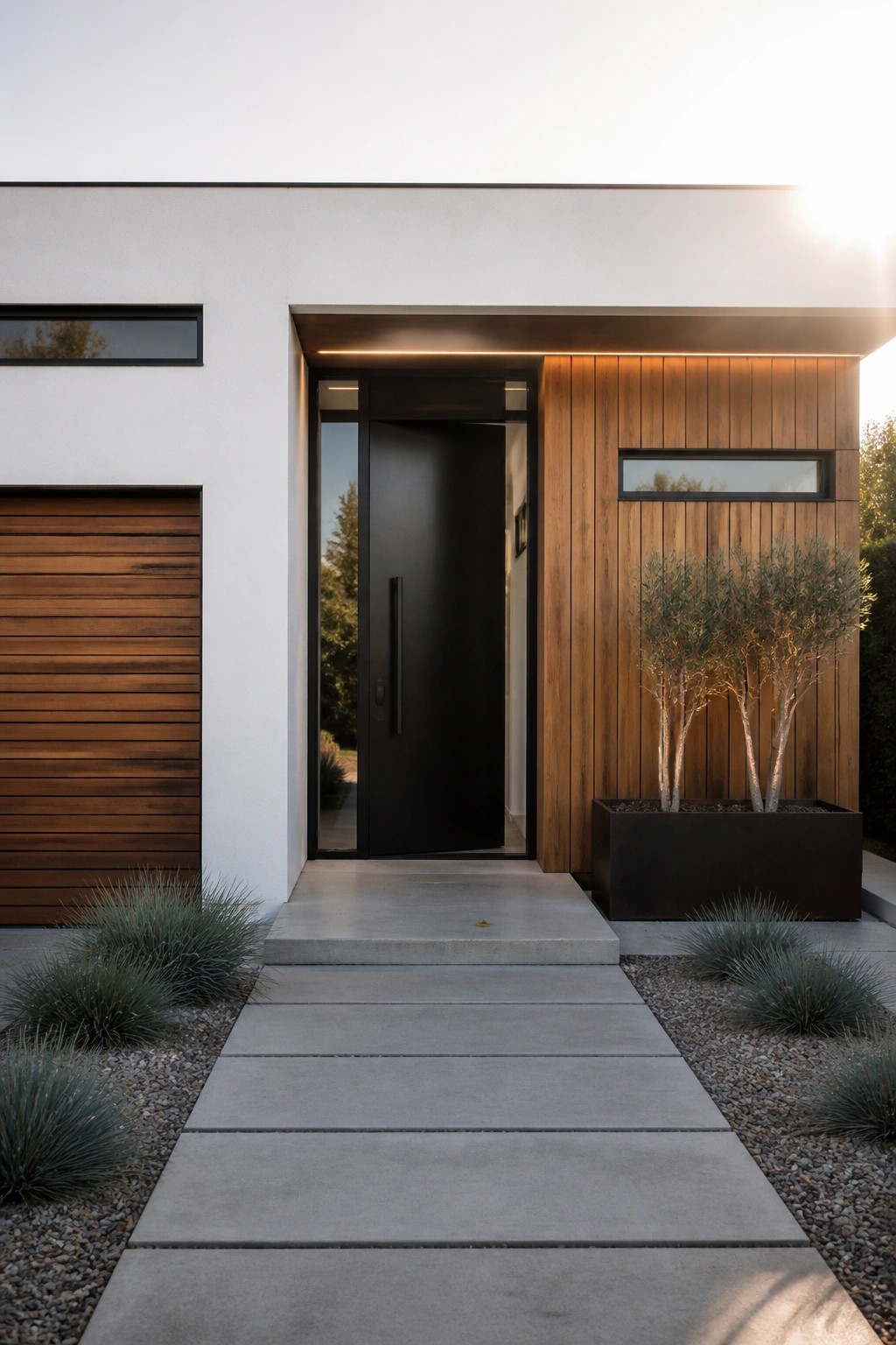 Modern house front entrance featuring a black door, white walls, vertical wood siding panel, and concrete pathway with a metal planter nearby.