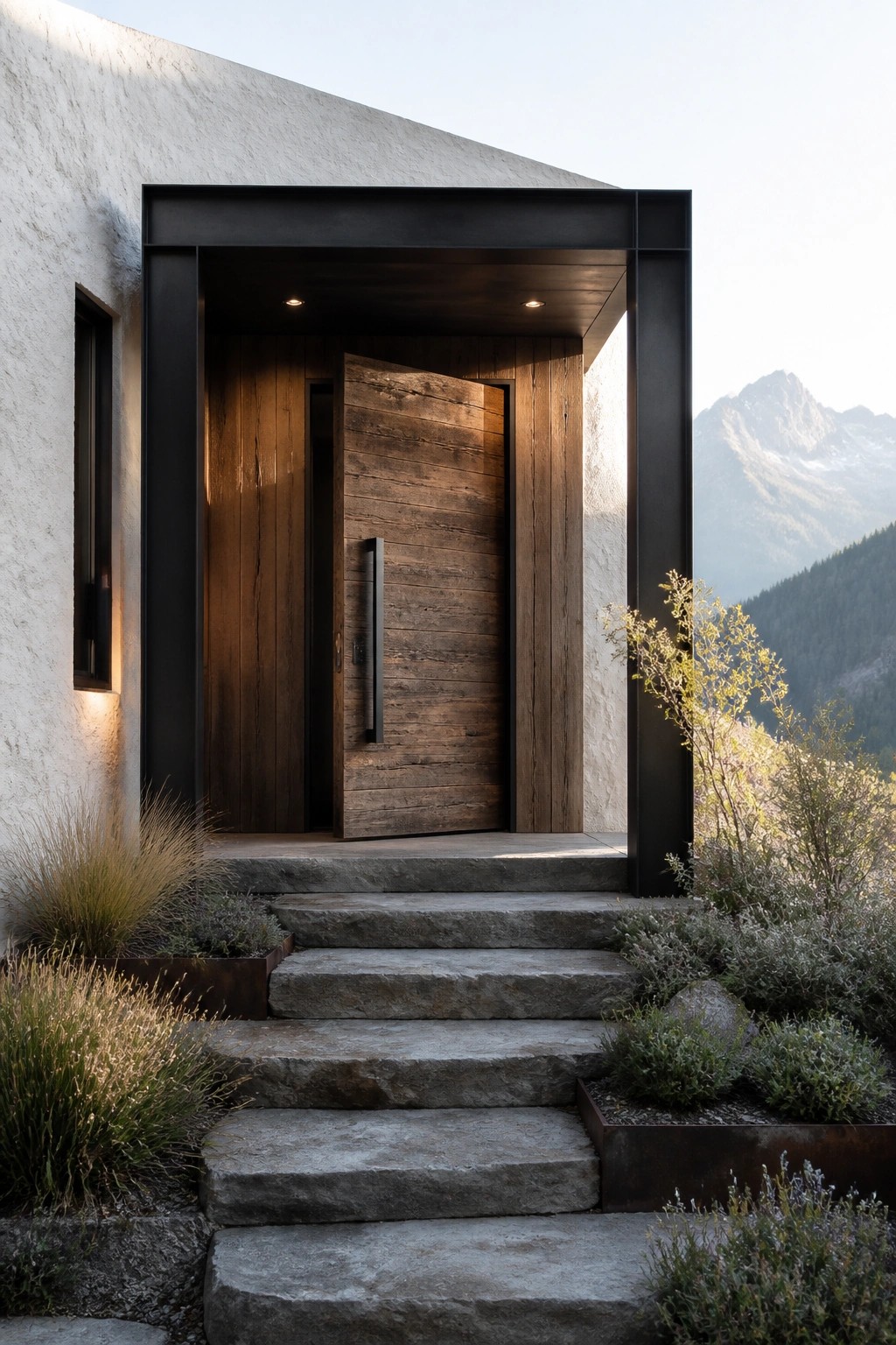 A modern house entrance features a wooden door within a black metal frame, stone steps leading up, and a mountainous landscape in the background.