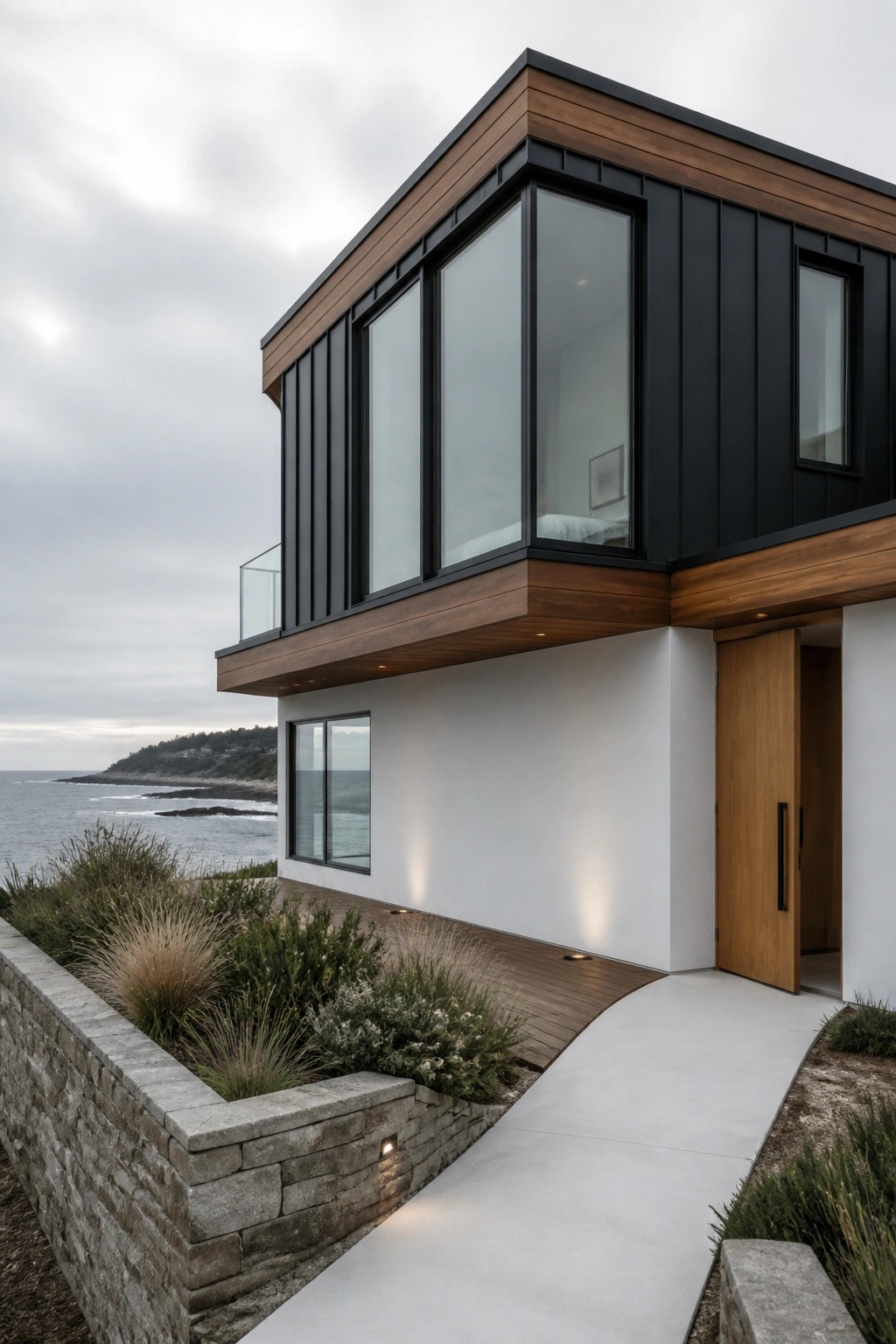 A modern two-story house with black vertical siding and wood trim on the upper level, large windows, white walls below, a wooden front door, and a concrete path beside a stone retaining wall.