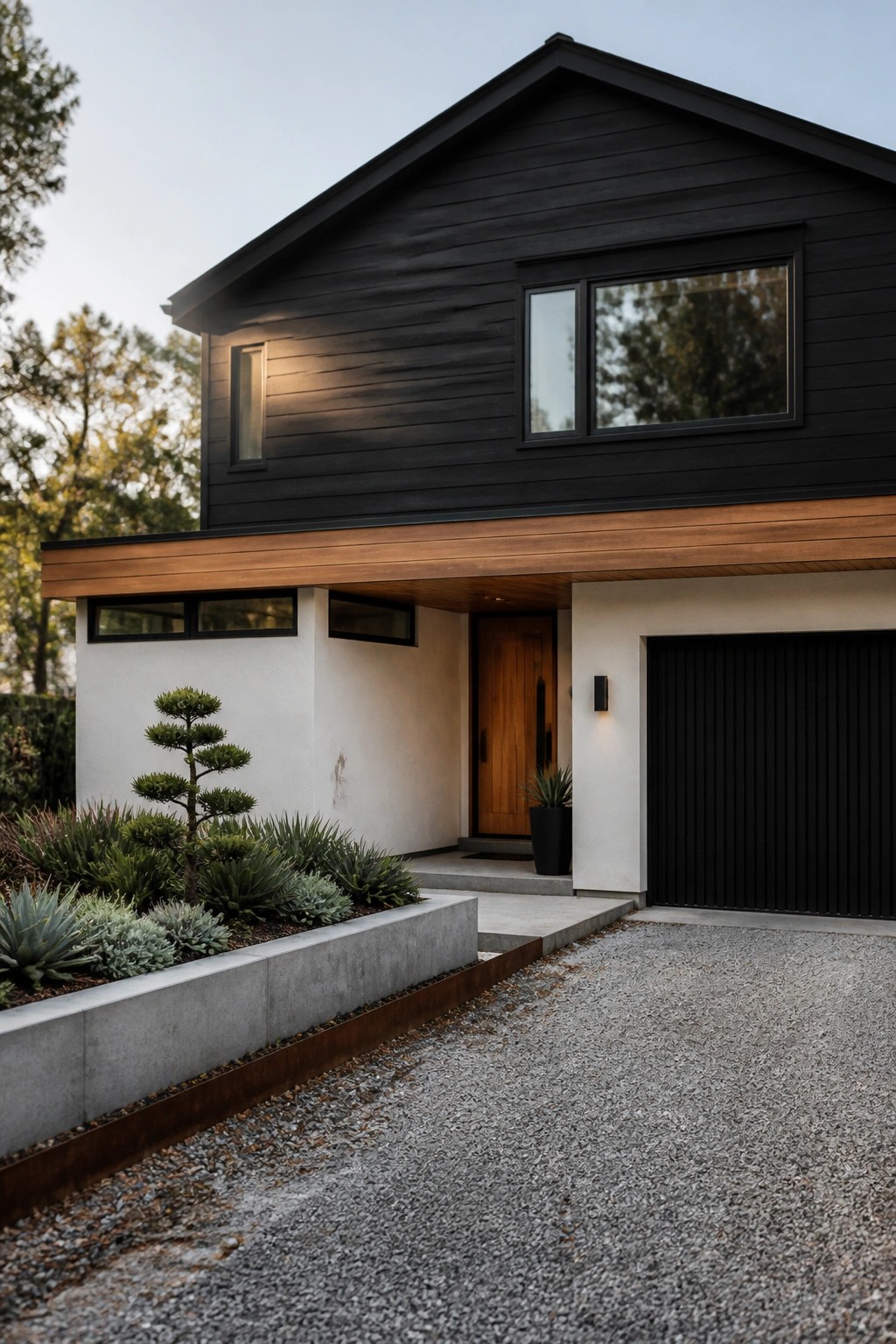 A modern two-story house exterior with black horizontal siding on the upper level, white walls below, wood soffit detailing, a wooden front door, and a black garage door, viewed from the gravel driveway.
