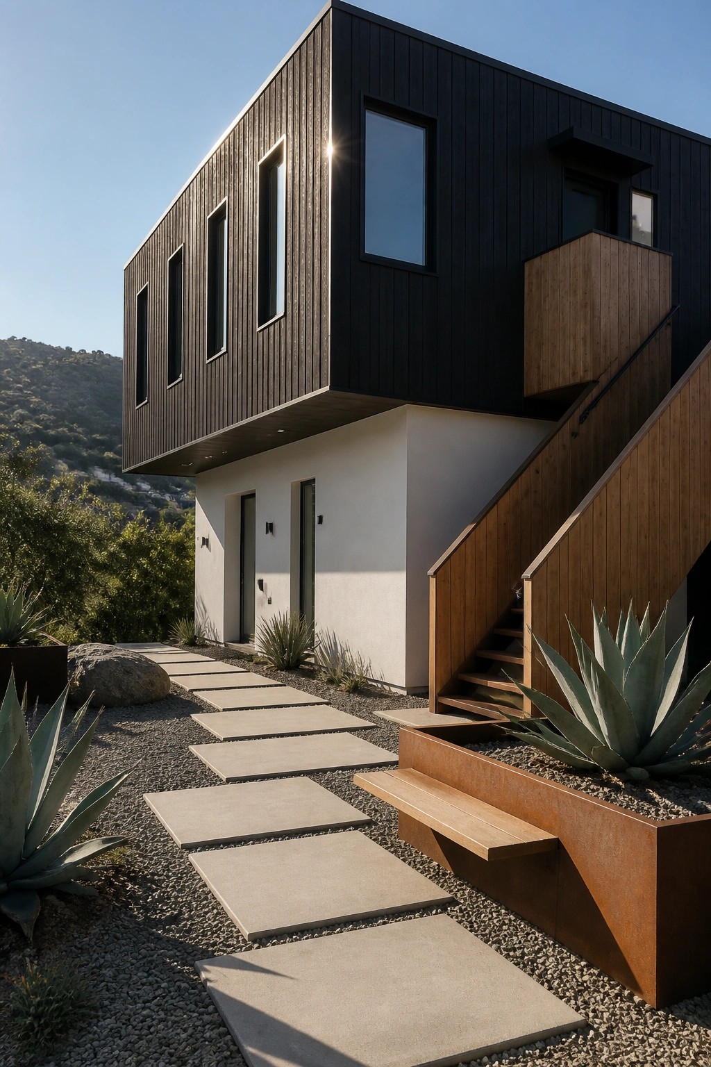 A modern two-story house with black vertical siding on the upper volume, white walls on the lower level, a wooden staircase and balcony, and concrete stepping stones leading to the entry.