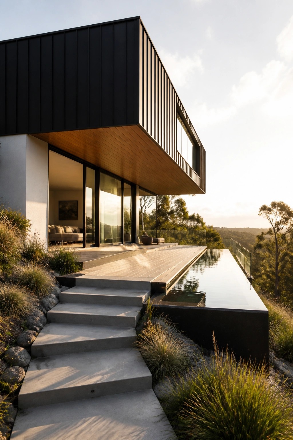 Modern black house with infinity pool, wooden deck, and concrete steps at sunset