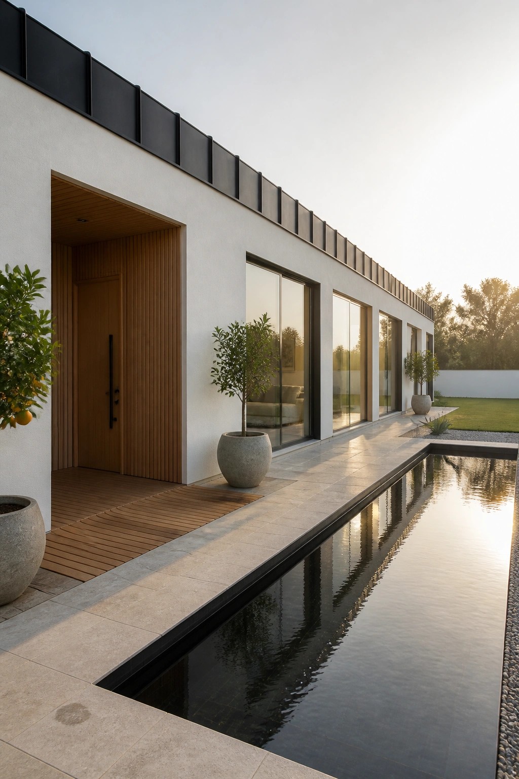 A modern single-story house exterior with white walls, black roofline trim, a wooden front door, large glass windows, and a long reflecting pool running alongside a stone walkway.