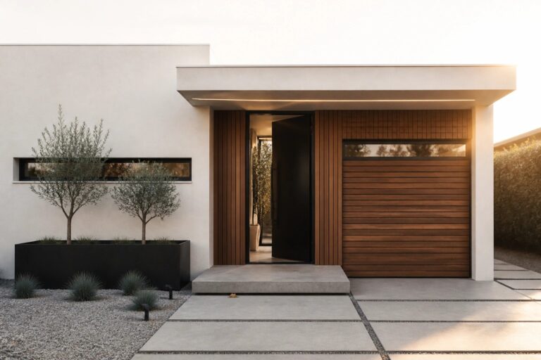Modern house front entrance featuring a black door, white walls, vertical wood siding panel, and concrete pathway with a metal planter nearby.