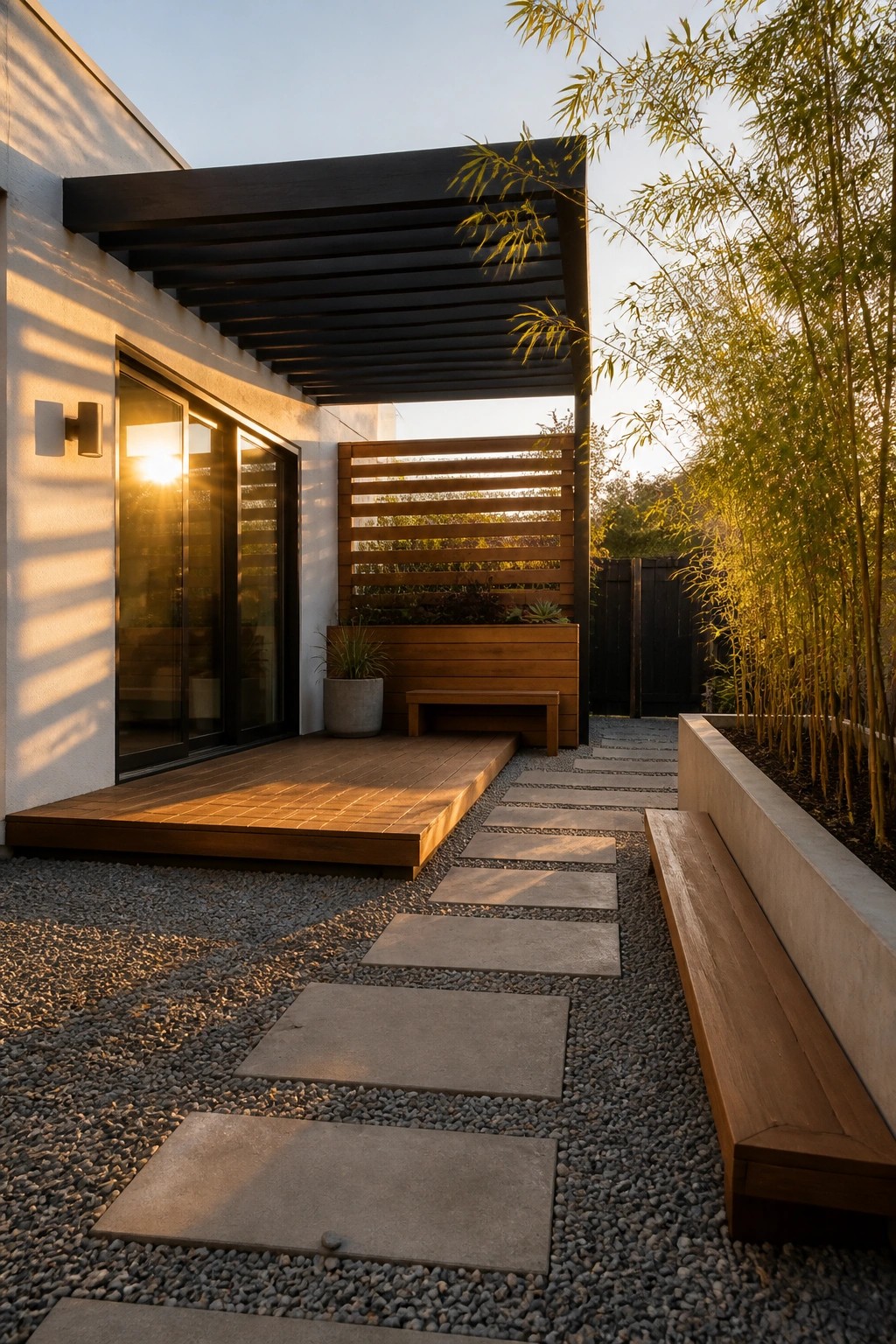 Modern backyard with wooden deck attached to house, concrete pavers set in gravel leading to the deck, and wooden benches along a raised planter.